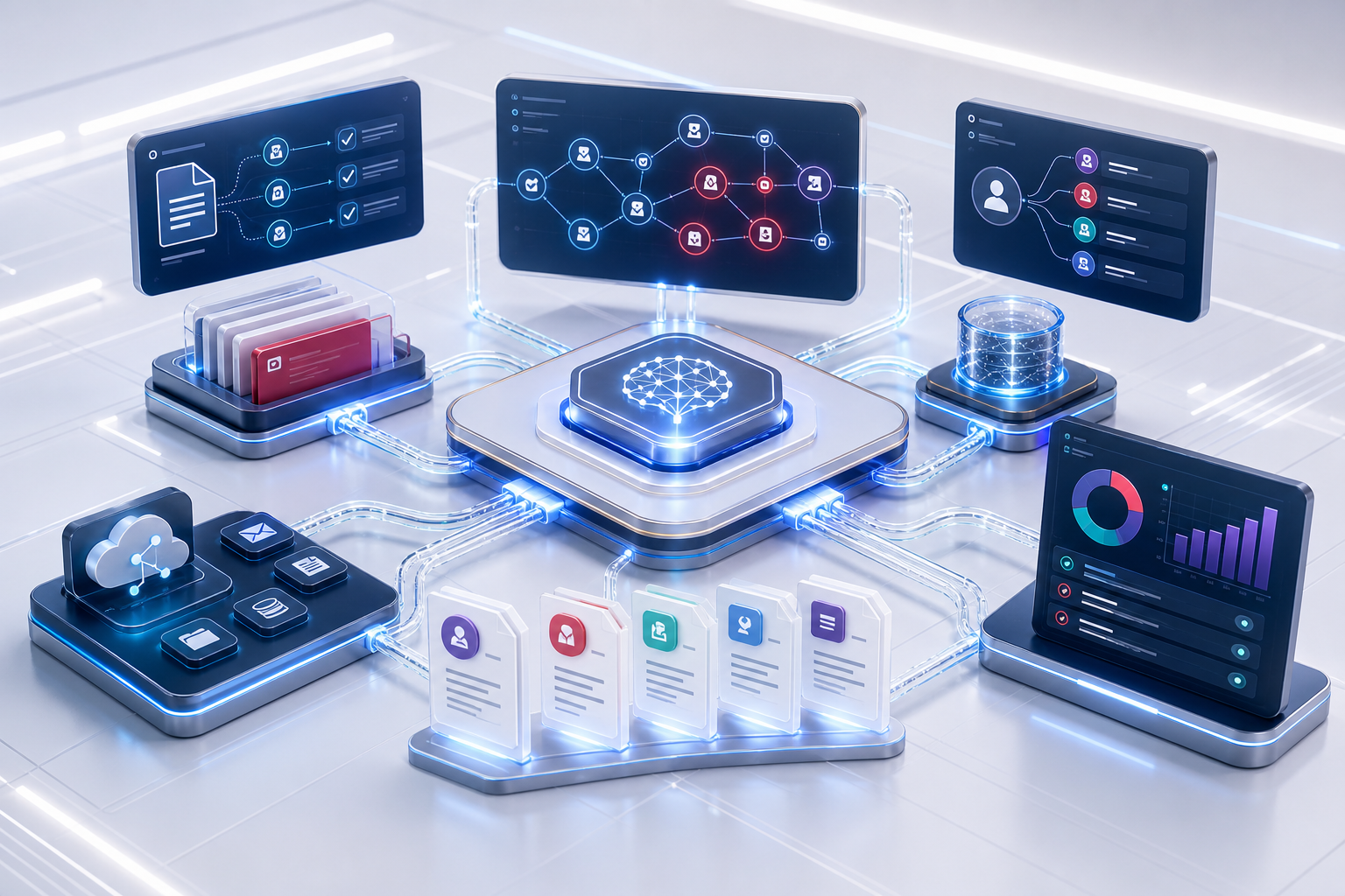 Enterprise AI automation workflow with intelligent document processing and business process panels