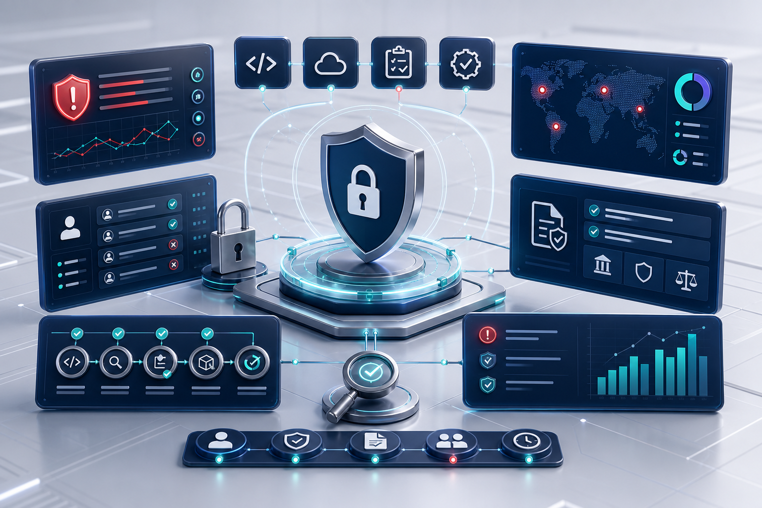 Cybersecurity and risk governance command center with access controls and audit panels