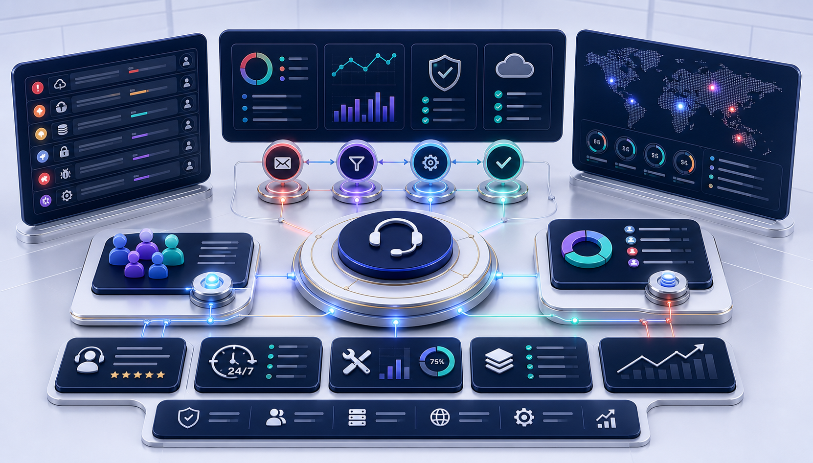 Managed services operations center with monitoring, triage, and service health panels