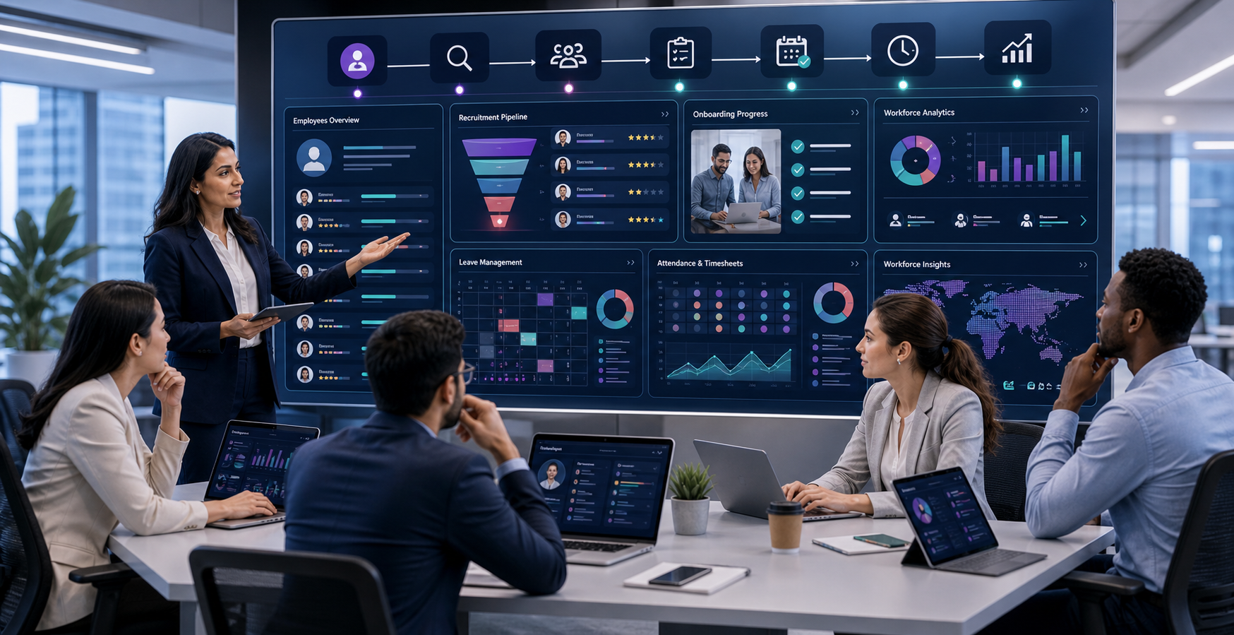 Professional HR administrators and leaders collaborating around HRMS full-cycle workflow dashboards