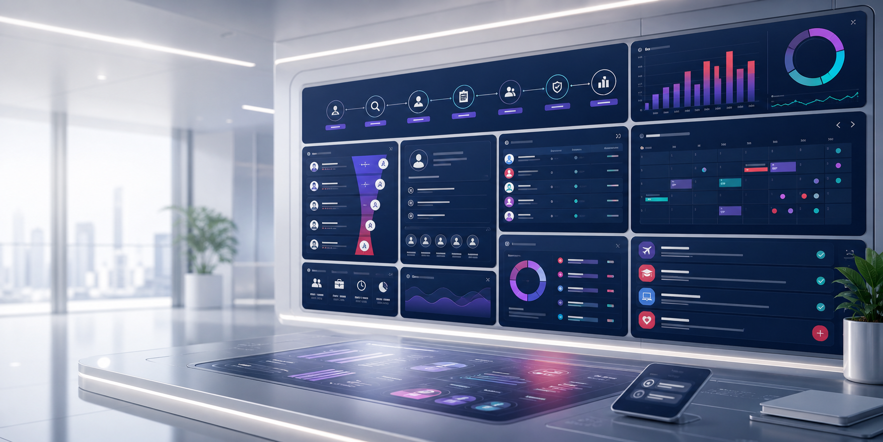 Enterprise HRMS workforce command center with staffing, attendance, compliance, and employee lifecycle dashboards